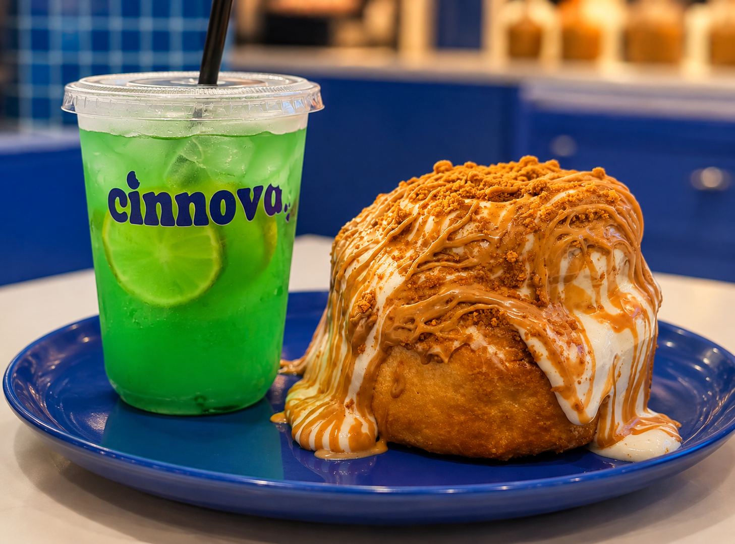 Cinnova cinnamon roll and drink ready to order